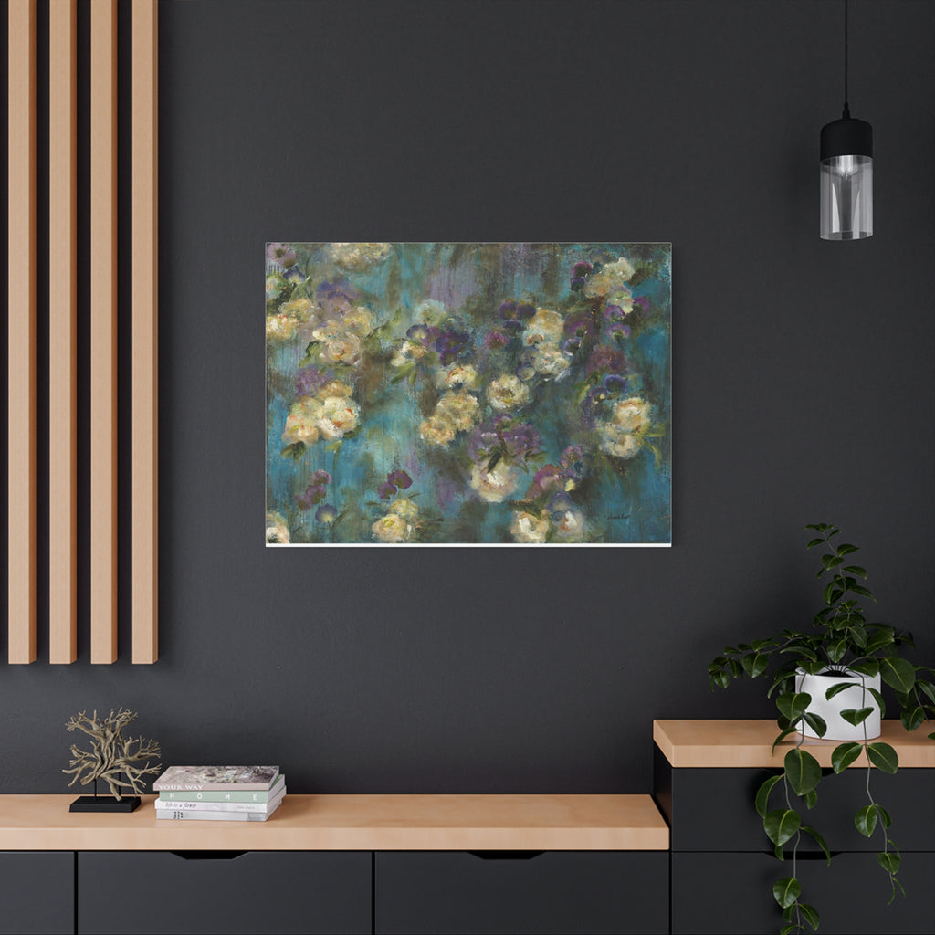 Moody Floral Canvas Art — Teal & Purple Flowers on Stretched Canvas