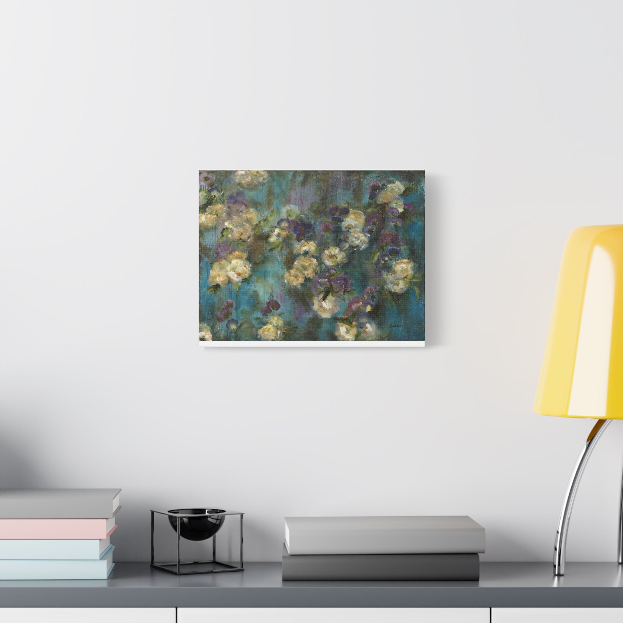 Moody Floral Canvas Art — Teal & Purple Flowers on Stretched Canvas