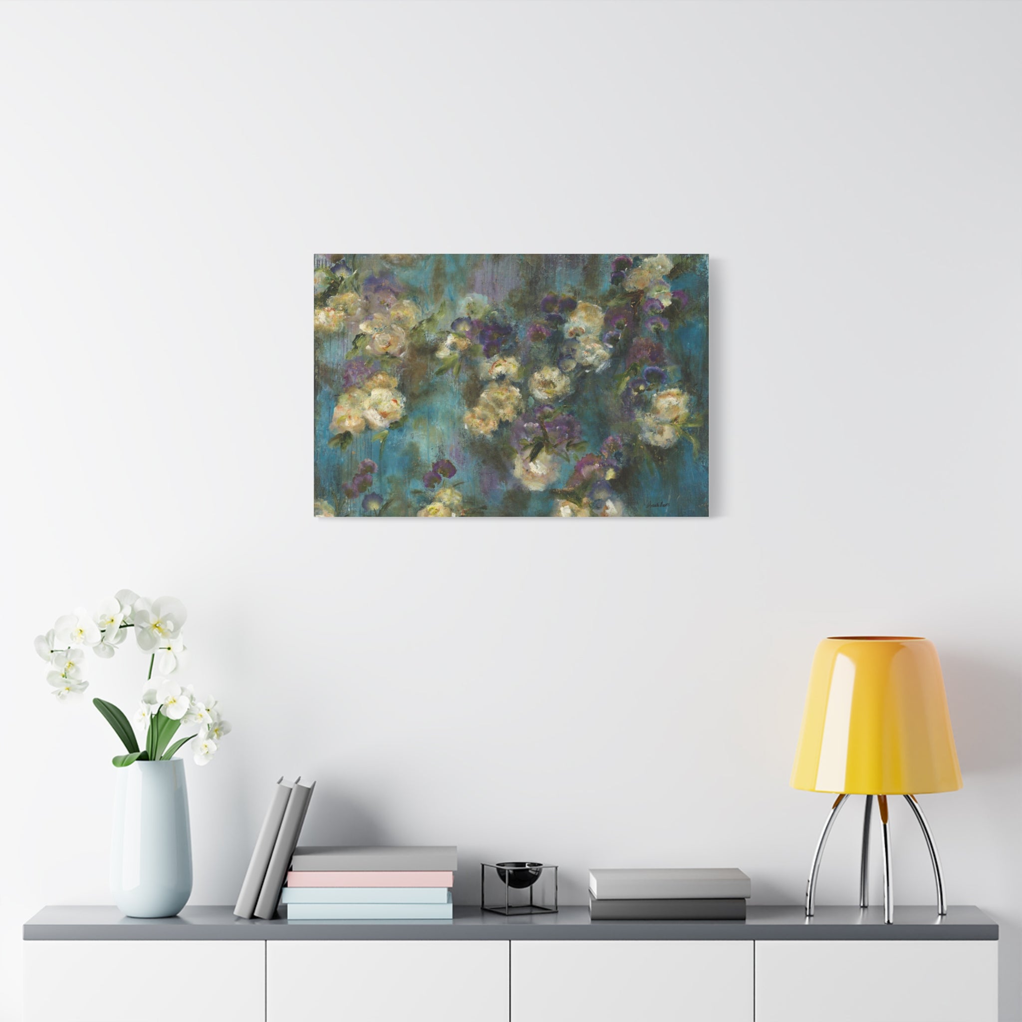 Moody Floral Canvas Art — Teal & Purple Flowers on Stretched Canvas
