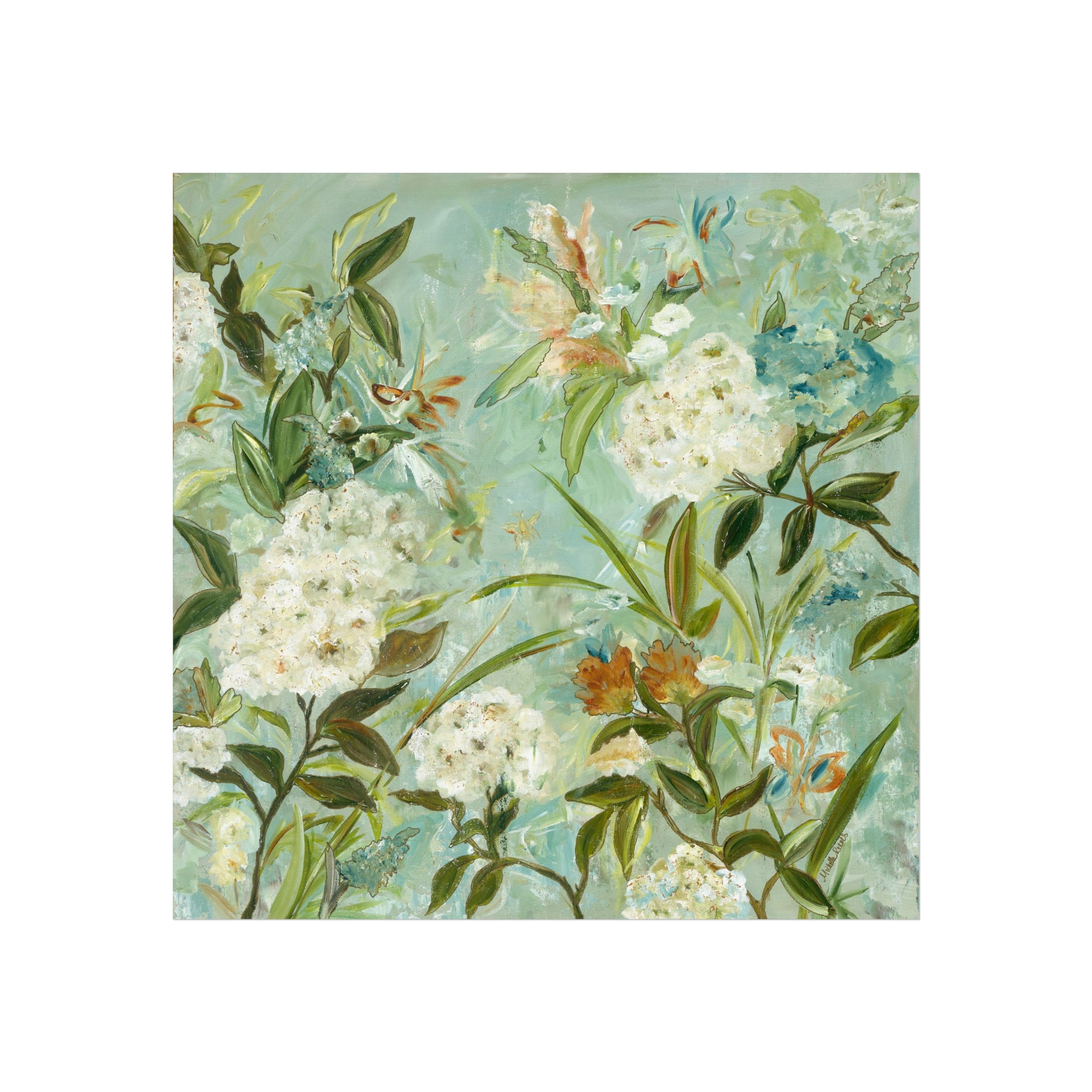 Abstract Floral Hydrangea Fine Art Print — Vintage Botanical Wall Art in Teal
