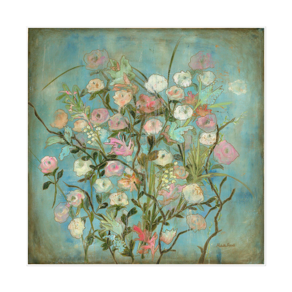Floral Bouquet Fine Art Giclee— Vintage Teal Botanical Wall Art