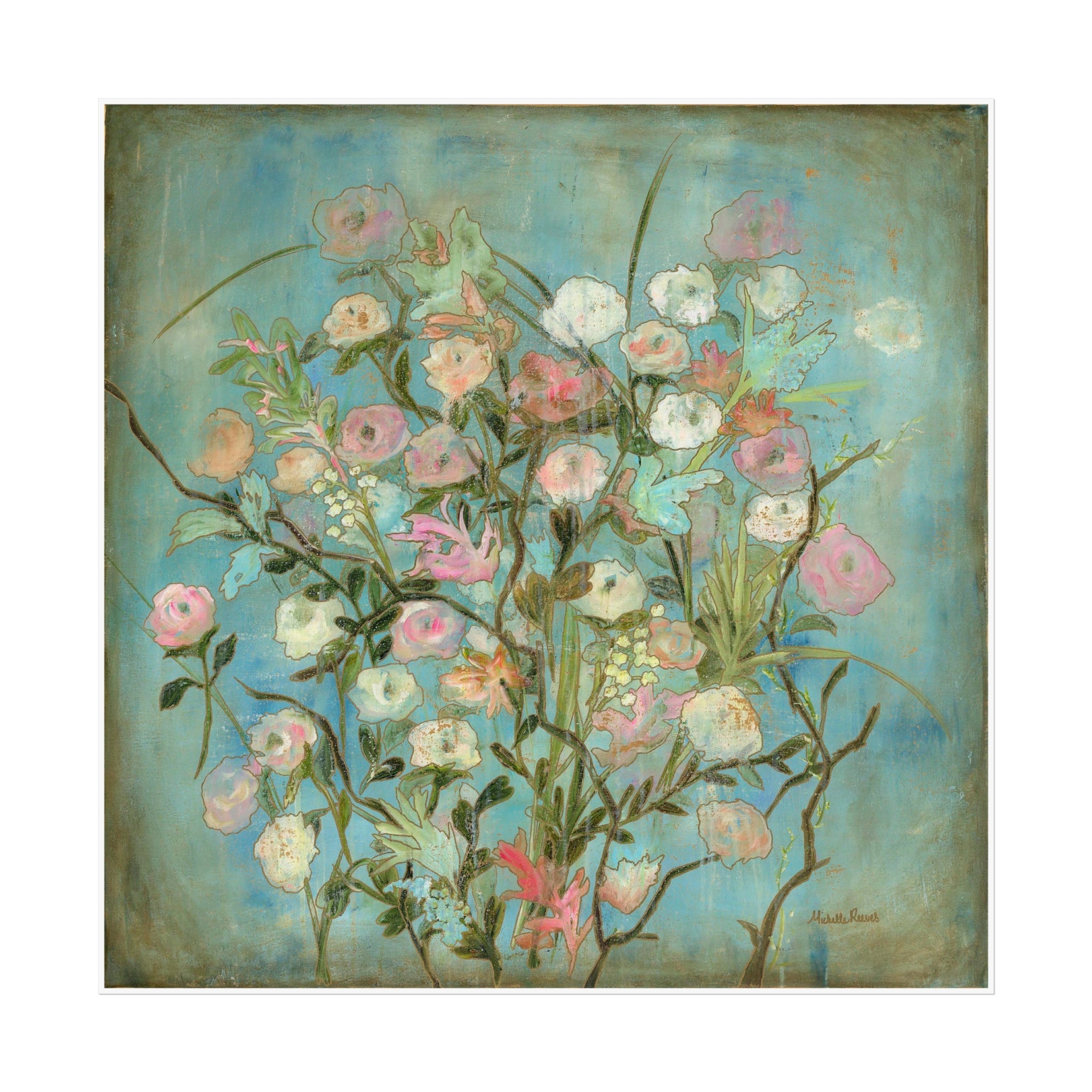 Floral Bouquet Fine Art Giclee— Vintage Teal Botanical Wall Art