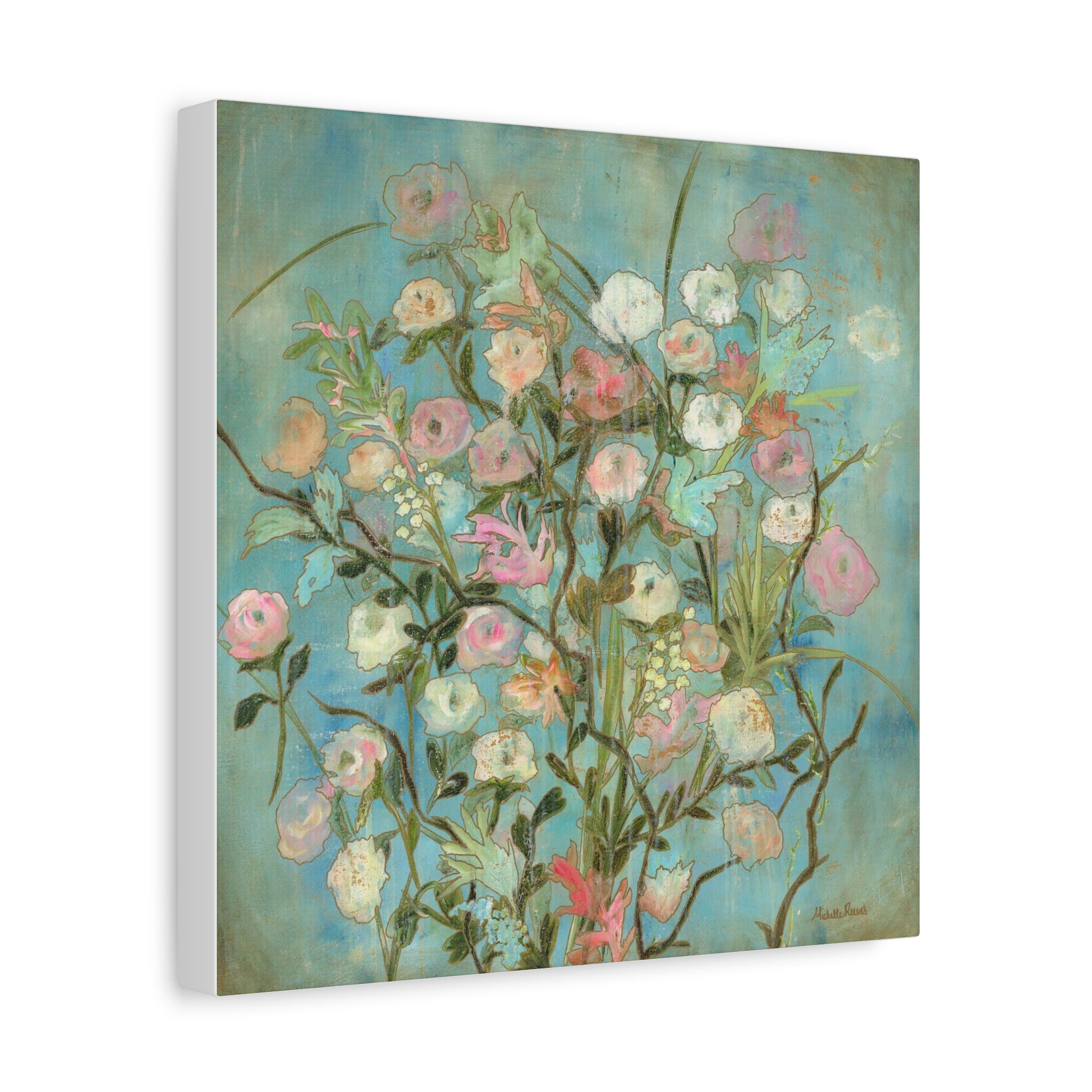 Floral Bouquet Canvas Wall Art — Pastel Vintage Garden Stretched Canvas