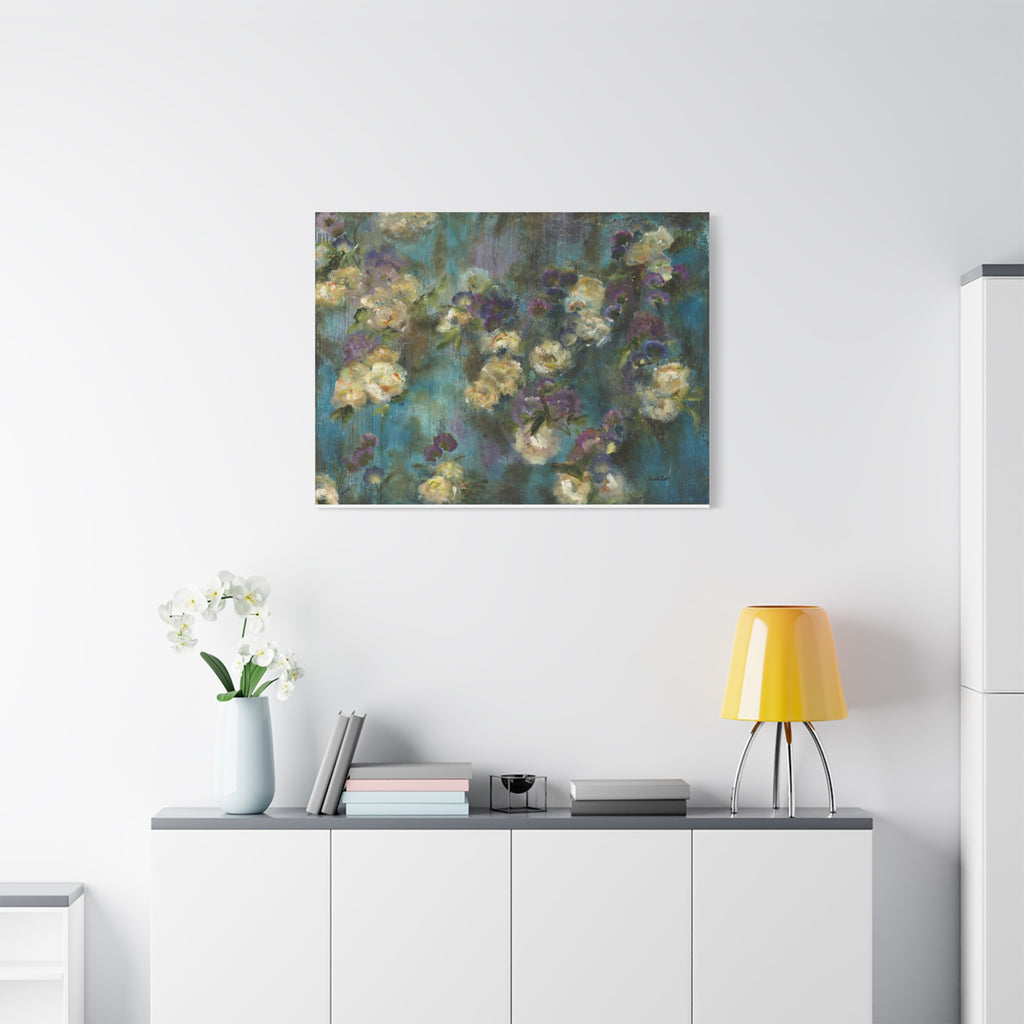 Moody Floral Canvas Art — Teal & Purple Flowers on Stretched Canvas