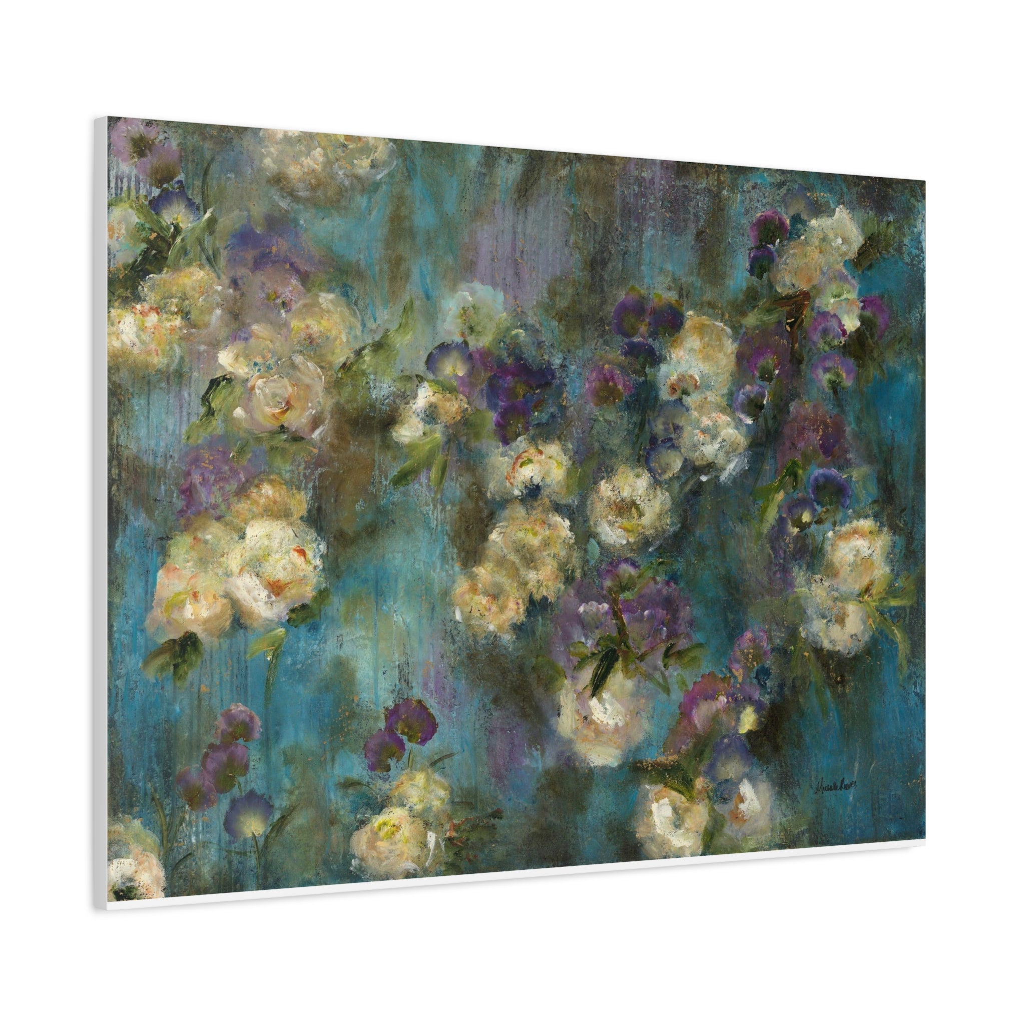 Moody Floral Canvas Art — Teal & Purple Flowers on Stretched Canvas