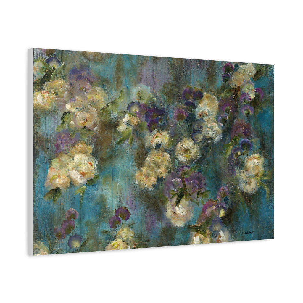 Moody Floral Canvas Art — Teal & Purple Flowers on Stretched Canvas