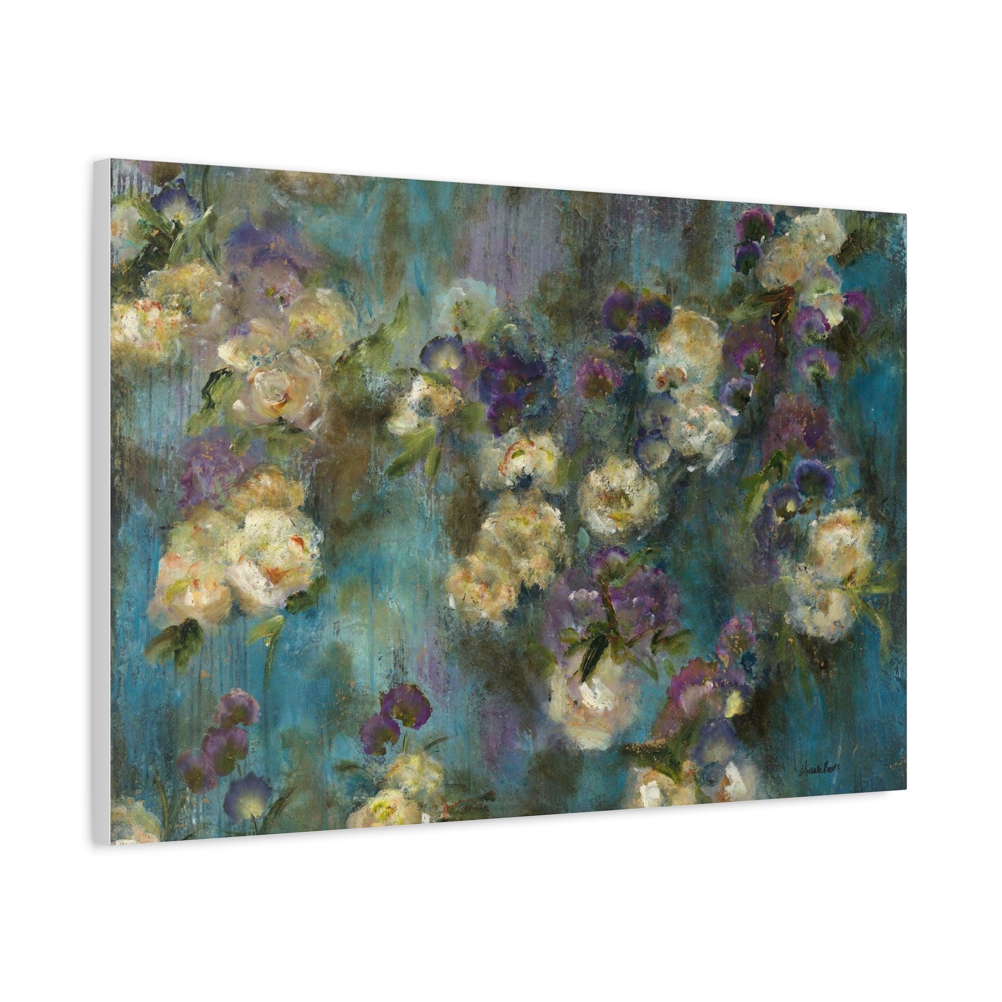 Moody Floral Canvas Art — Teal & Purple Flowers on Stretched Canvas