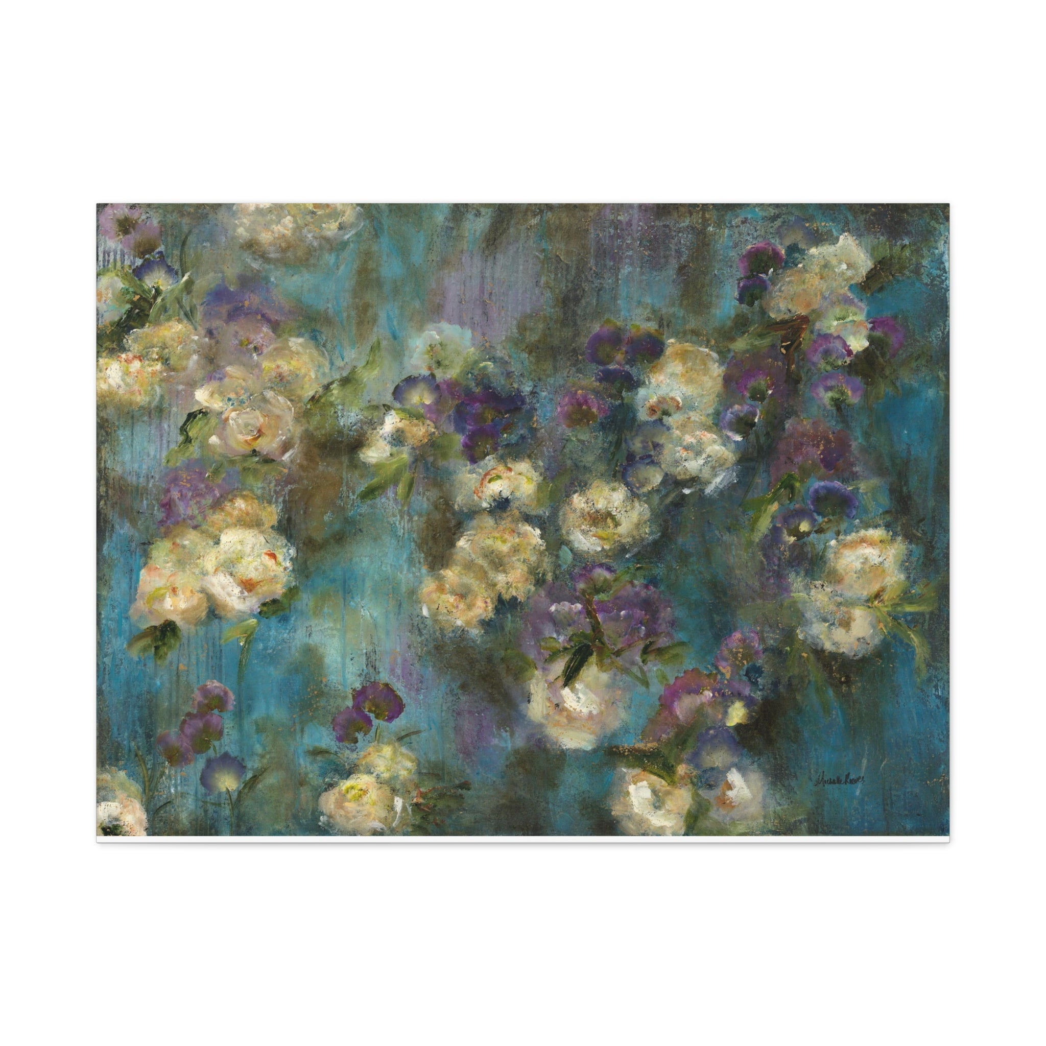 Moody Floral Canvas Art — Teal & Purple Flowers on Stretched Canvas