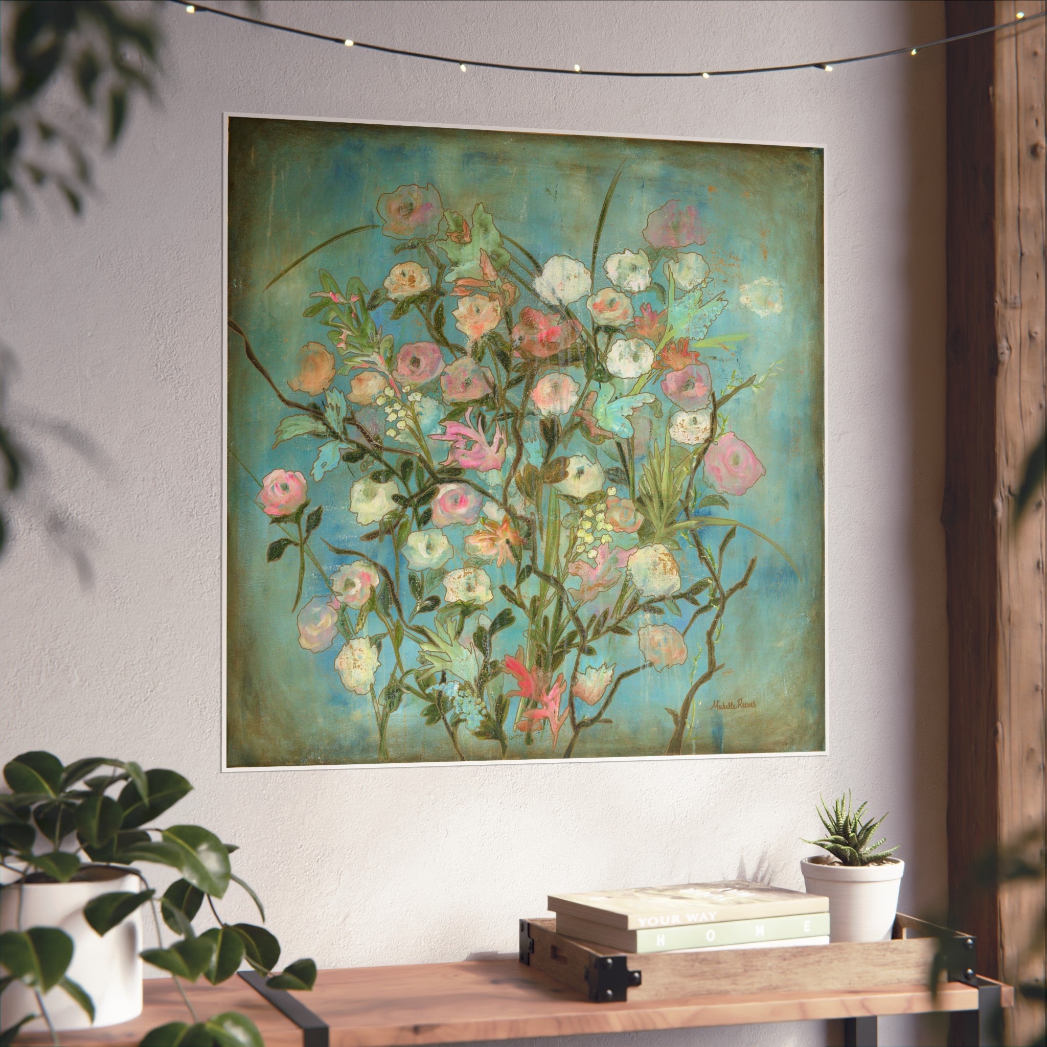 Floral Bouquet Fine Art Giclee— Vintage Teal Botanical Wall Art