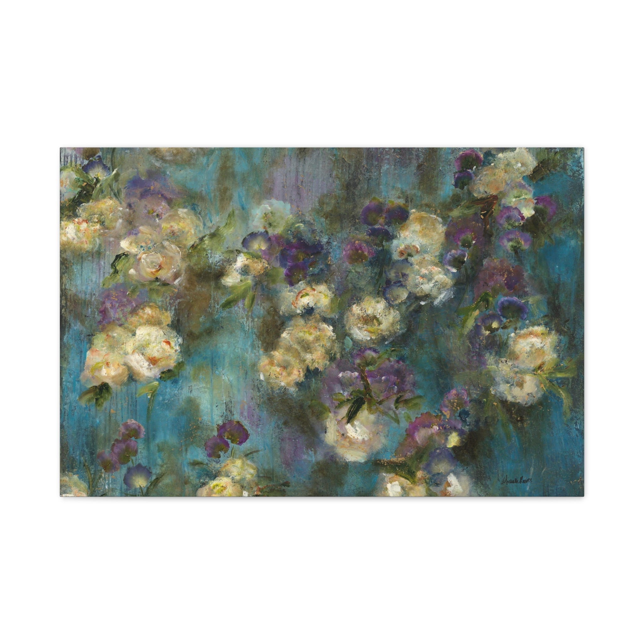 Moody Floral Canvas Art — Teal & Purple Flowers on Stretched Canvas