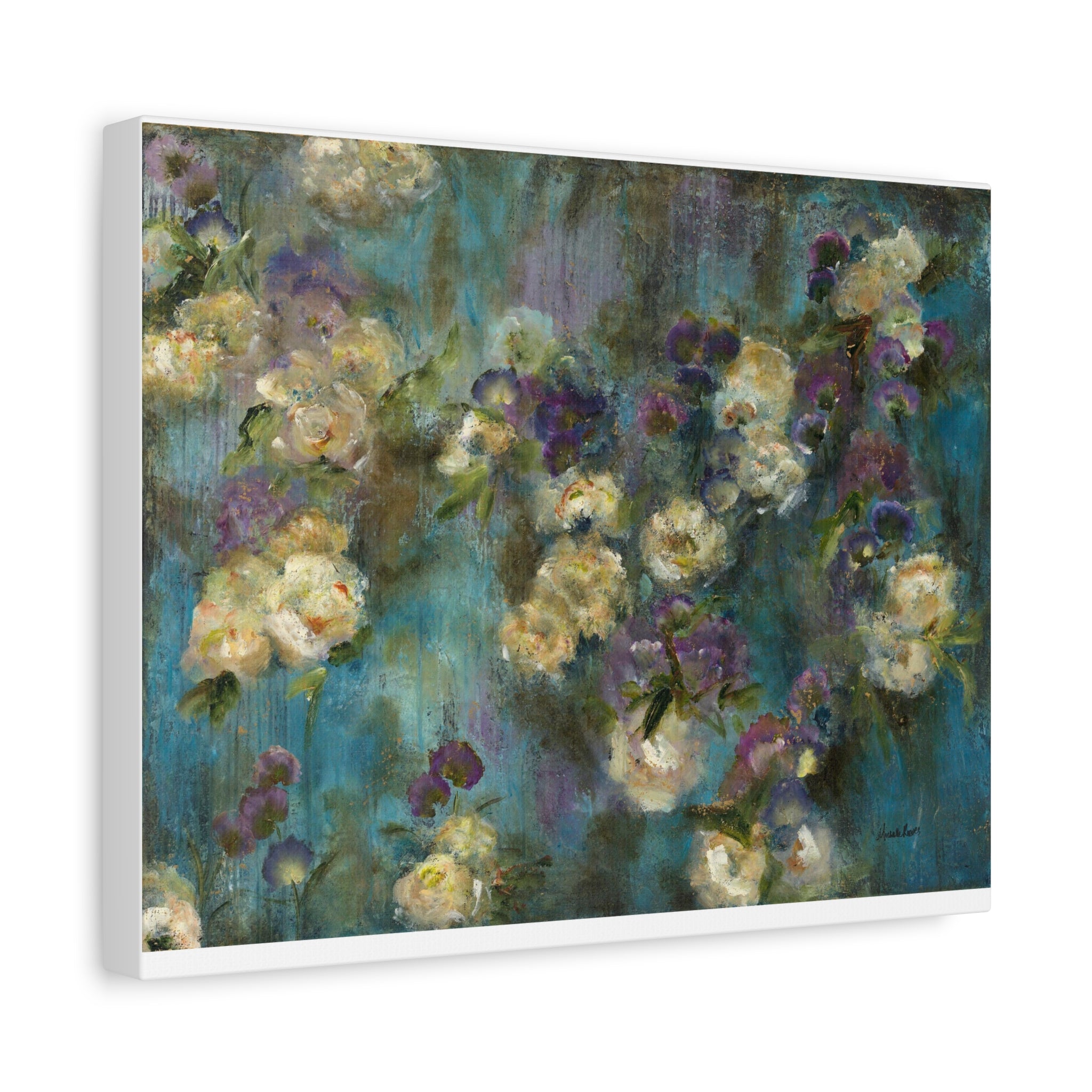 Moody Floral Canvas Art — Teal & Purple Flowers on Stretched Canvas