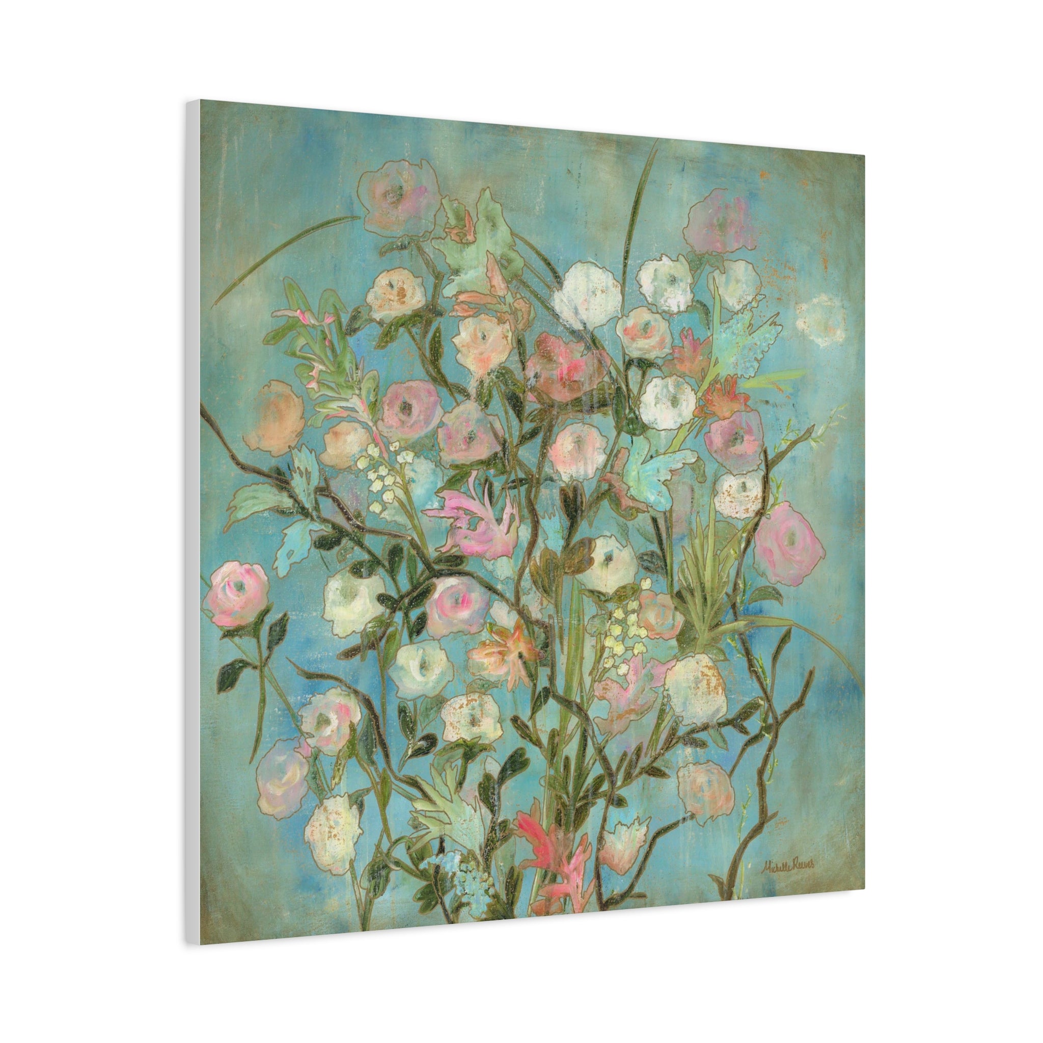 Floral Bouquet Canvas Wall Art — Pastel Vintage Garden Stretched Canvas