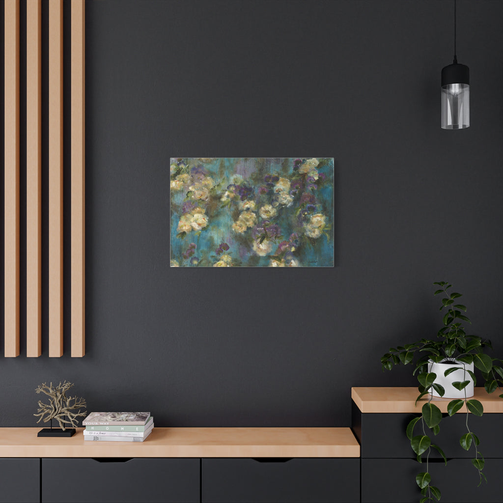 Moody Floral Canvas Art — Teal & Purple Flowers on Stretched Canvas