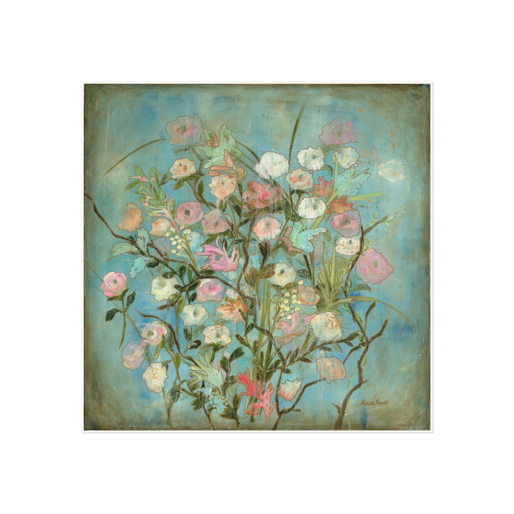 Floral Bouquet Fine Art Giclee— Vintage Teal Botanical Wall Art