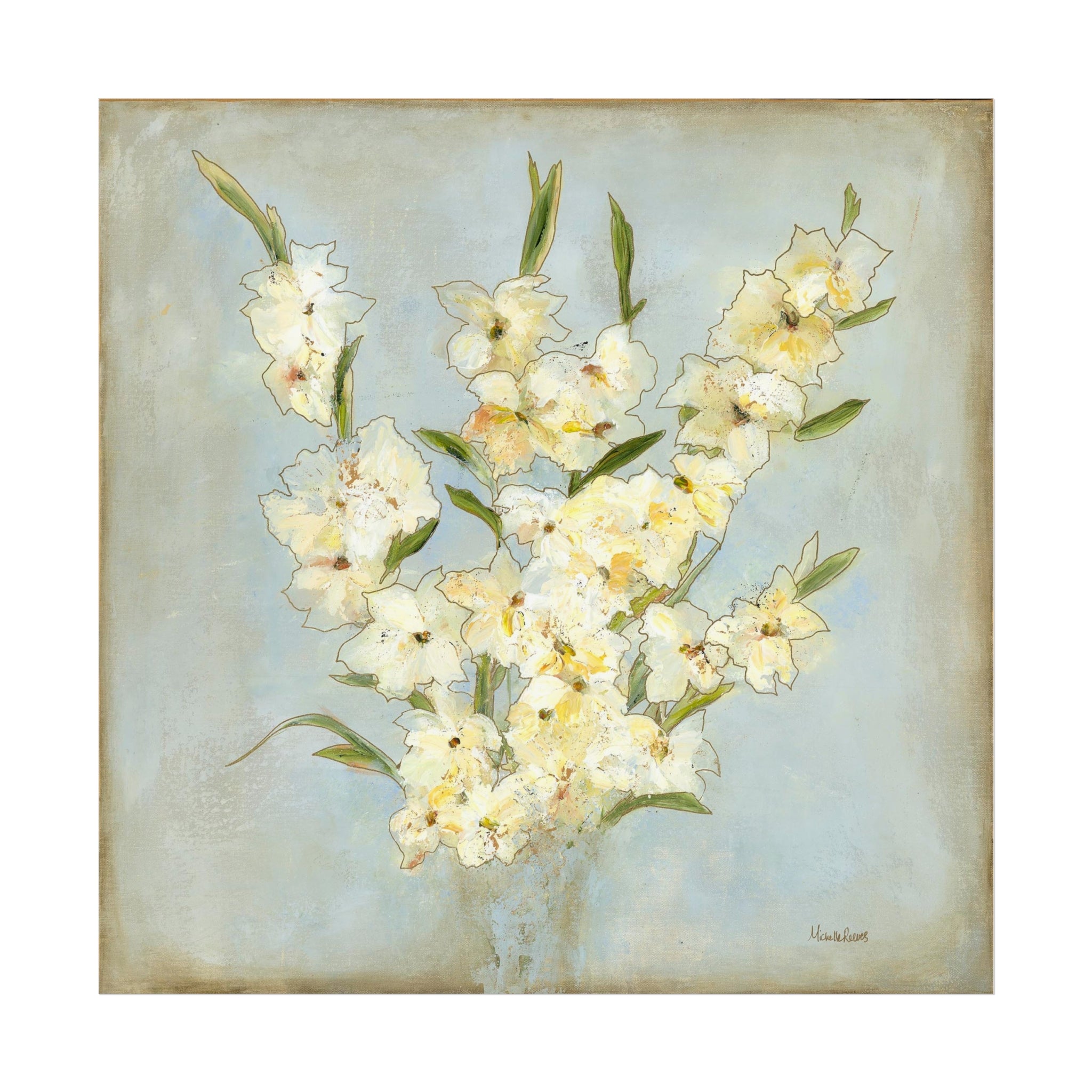 Yellow Gladiolas Fine Art Giclee — Soft Blue & Yellow Floral Wall Art